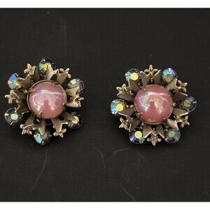 Avon Pink Rhinestone Floral pattern Earrings Unique Colorful Rhinestone Accents